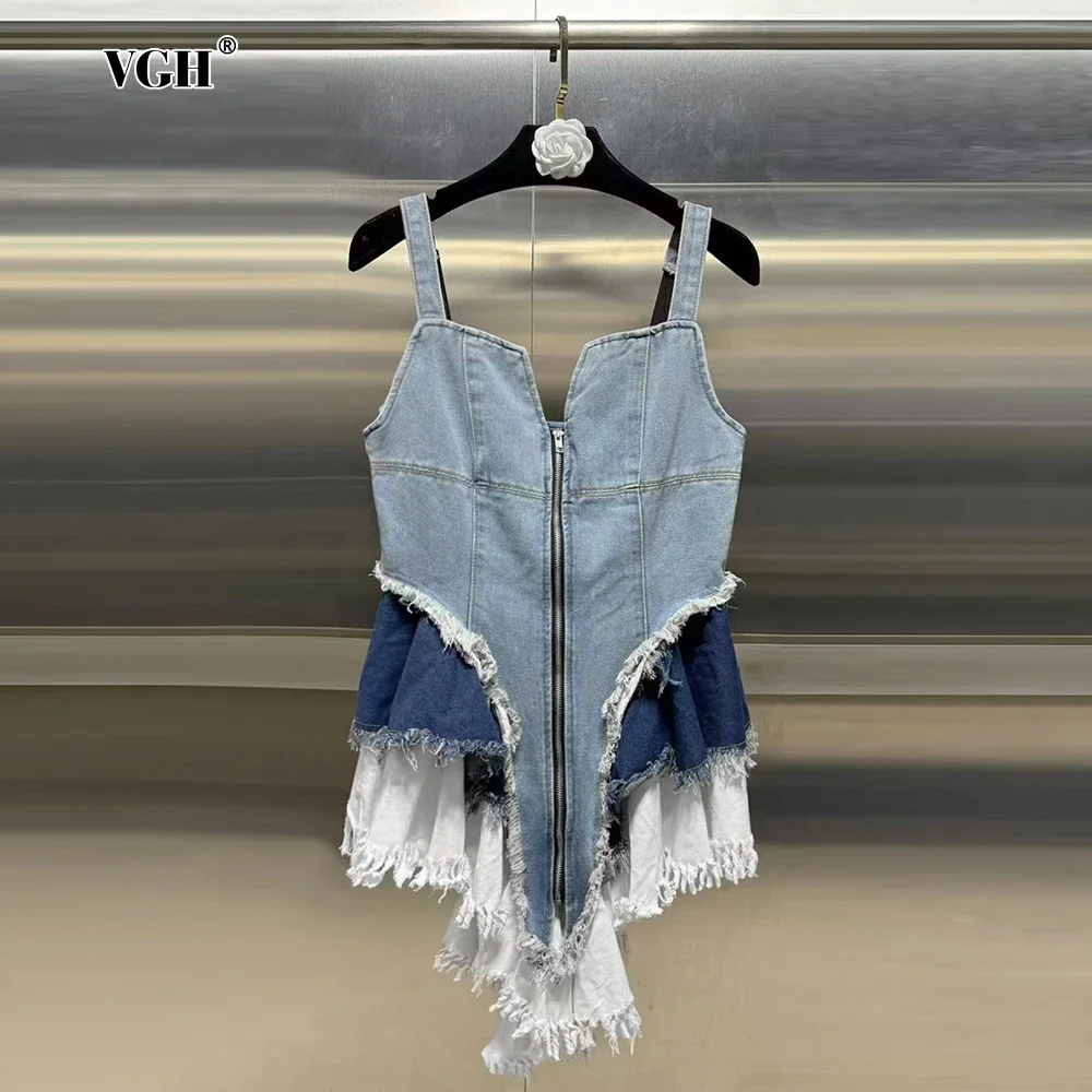 VGH Hit Color seksowny patchworkowy zamek błyskawiczny z przodu kamizelki dżinsowe dla kobiet kwadratowy kołnierzyk bez rękawów łączonych falbanki Streetwear kamizelka kobieta