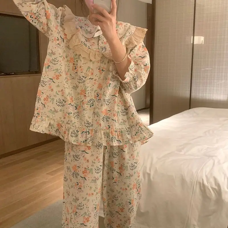 

Korean Version of Cute Lace Pajama Sets for Women 2025 Spring Autumn New Floral Long-sleeved 2-piece Suit Loose Home Wear Lady
