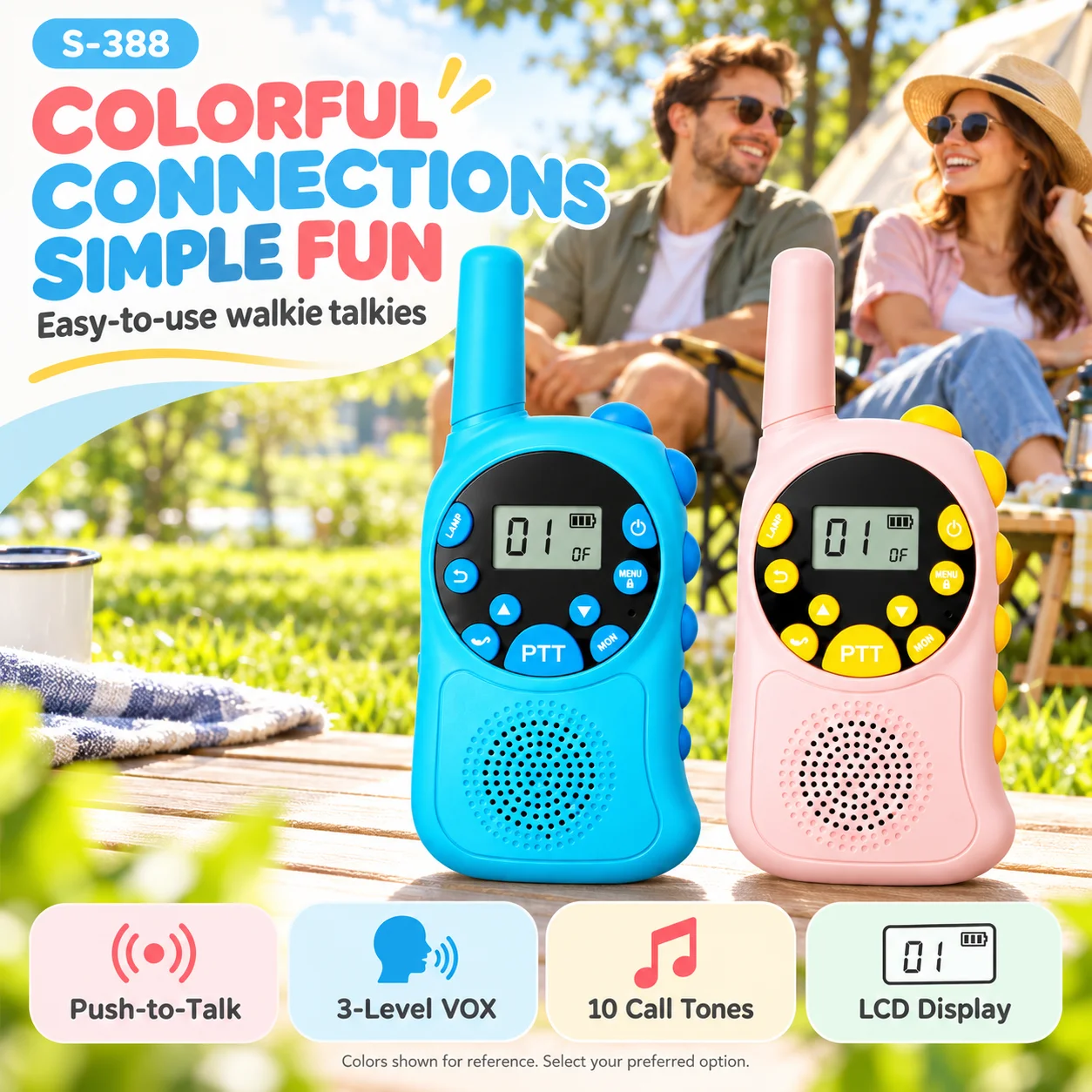 S-388 Walkie Talkies 2 Pack Portable Two Way Radios with VOX LCD Display 10 Call Tones Keypad Lock for Camping Outdoor Activitie