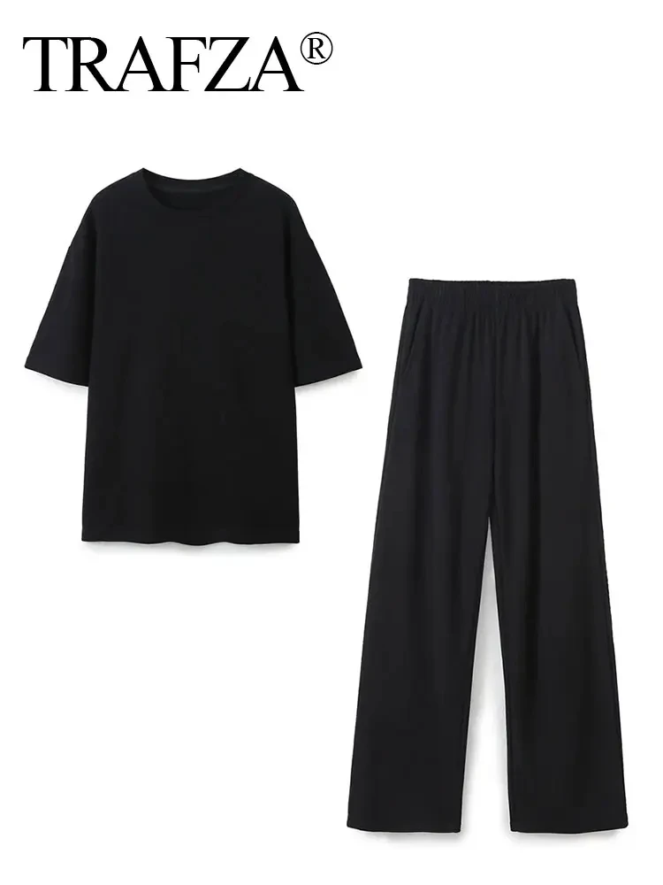 TRAFZA Female Causal Cozy Solid Pants Suit Short Sleeves O Neck T-Shirts Top+Elastic Waist Straight Trousers Summer Street Set