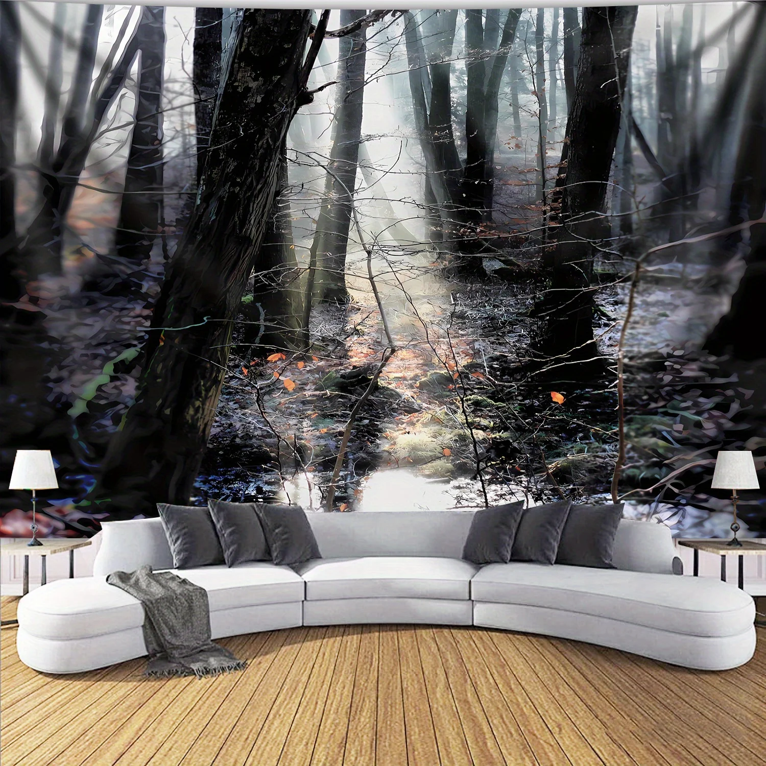 Misty Forest Tapestry, Sunlight through Trees in Foggy Woods, Nature Scenery Wall Hanging for Bedroom Living Room