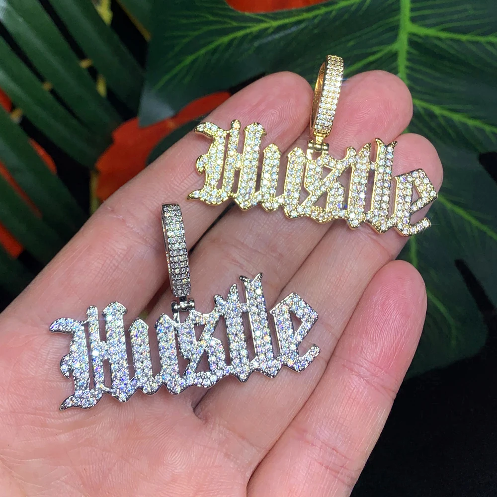 2025 Fashion Iced Out Gold Color Bling Cubic Zirconia Cz Letters Hustle Charm Pendant Necklace Gift For Men Boy Hip Hop Jewelry