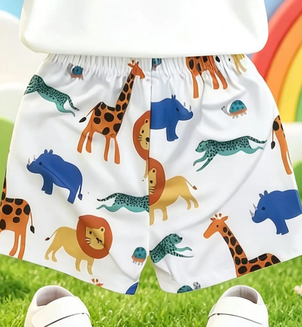 Zweiteiliges Set mit Zoo-Print für Jungen: frisches T-Shirt + lockere Shorts, deckt den Komfort und den natürlichen Spielmut von Kindern ab – Detail 6