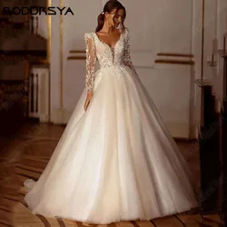 RODDRSYA Luxus Glänzend Lange Ärmel Brautkleid A-Linie Lace Up Brautkleider AppliquRoddrsya Luxus glänzende lange Ärmel Brautkleid A-Linie Schnürung Brautkleider Applikation Perlen quadratischen Kragen Vestido de Novia