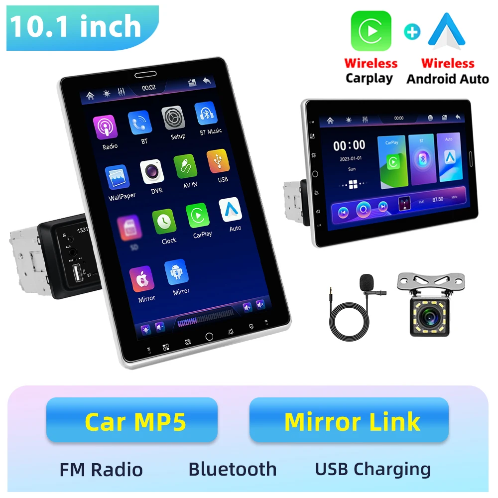 Podofo 1Din 10.1'' autoradio met Carplay, Android Auto, Mirror Link, GPS navigatie, universele multimediaspeler met BT, FM radio, TF, USB en EQ