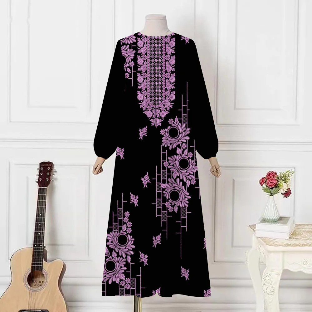 2024 Ramadan Eid Abayas For Women Middle East Dubai Muslim Floral Print O-neck Robe Dresses Fashion Femme Party Abaya Vestidoes