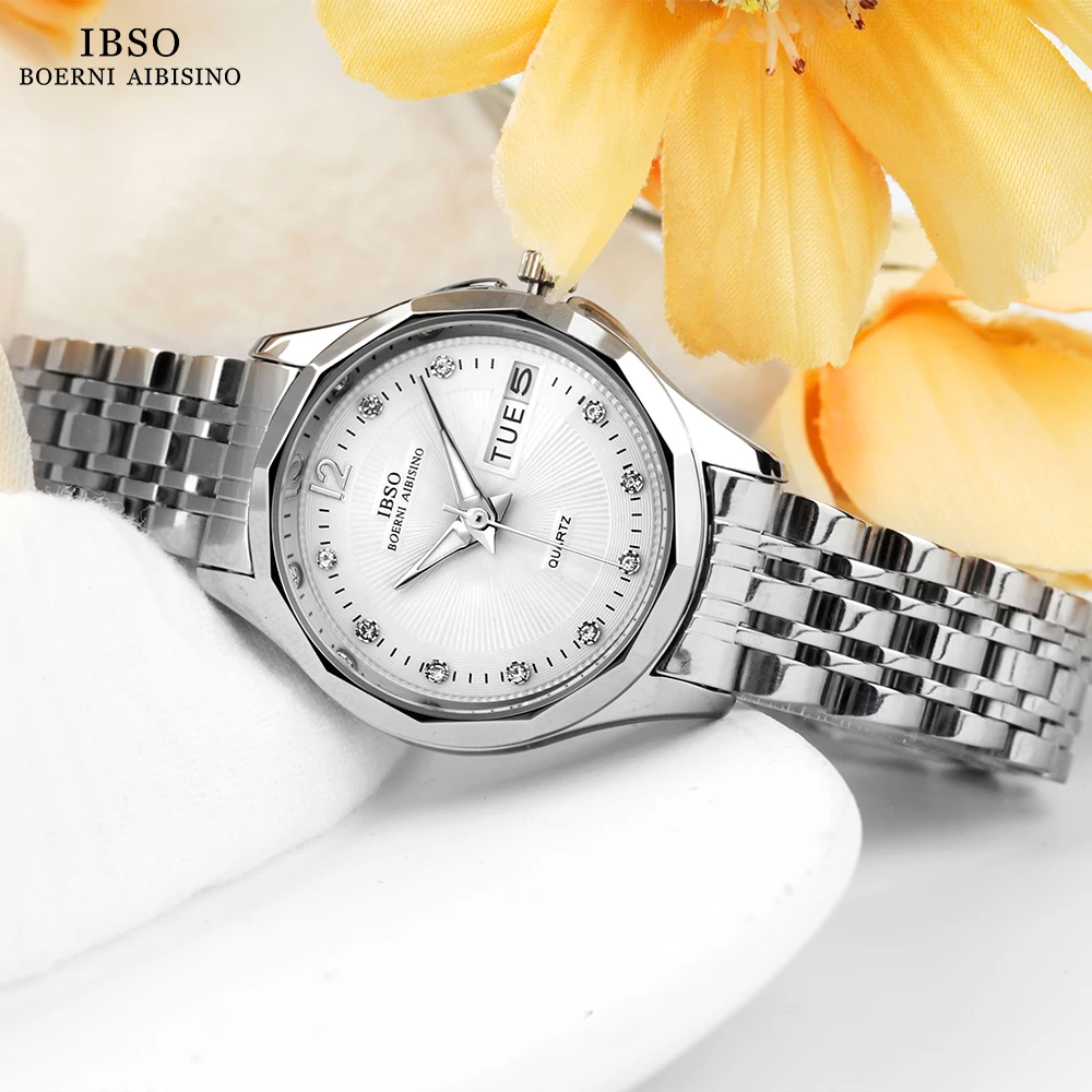 IBSO Hot New 9286# Women Luxury Quartz Watch Luminous Calendar Stainless Steel Strap Irregular Case Date Display 3ATM Waterproof