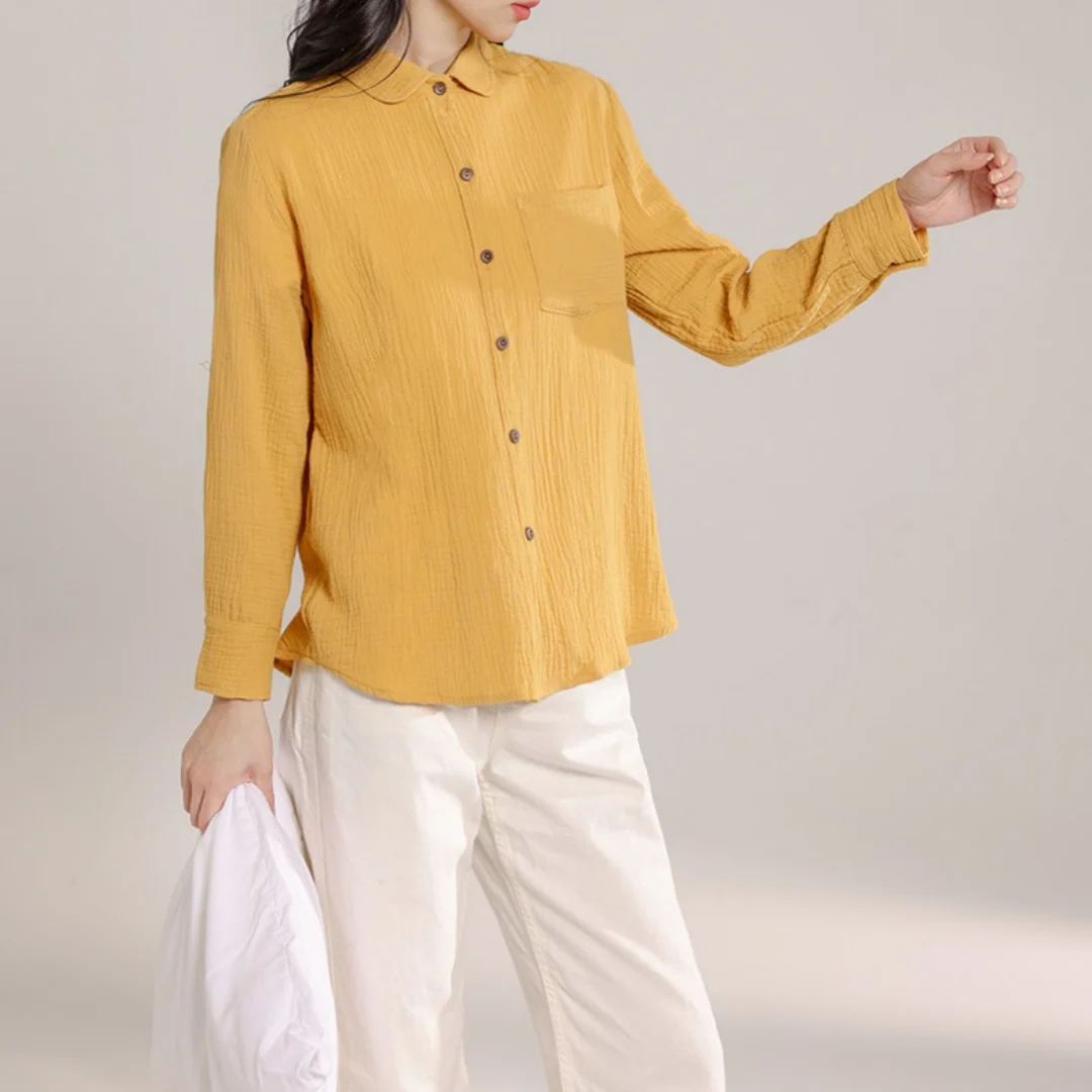 

6-Colors 100% Cotton Long Sleeve Shirts With Button Lapel Loose Crepe De Chine Casual Shirt Ladies Streetwear Womens Tops Blouse