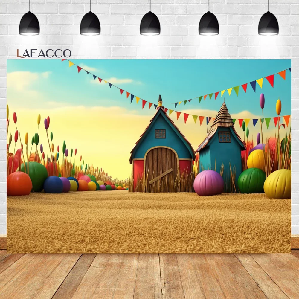 

Laeacco Western Farmhouse Backdrop Colorful Hot Air Balloon Pumpkin Cowboy Birthday Baby Newborn Portrait Photography Background