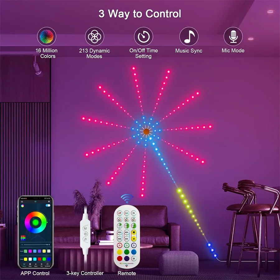 Smart App Controlado RGB LED Strip Lights, Firework Lights com controle remoto, música Sync, DreamColor, Starburst Fairy String Lights