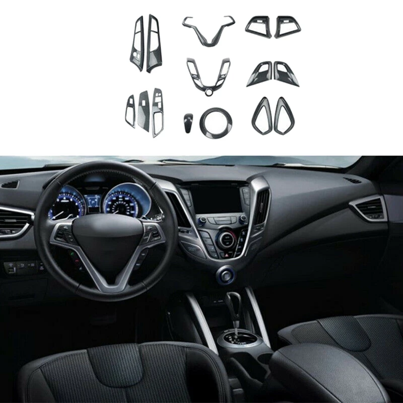 

Carbon Fiber Car Decoration Steering Wheel & Center Console Air Outlet &Gear Shift Cover Trim For Hyundai Veloster 11-17