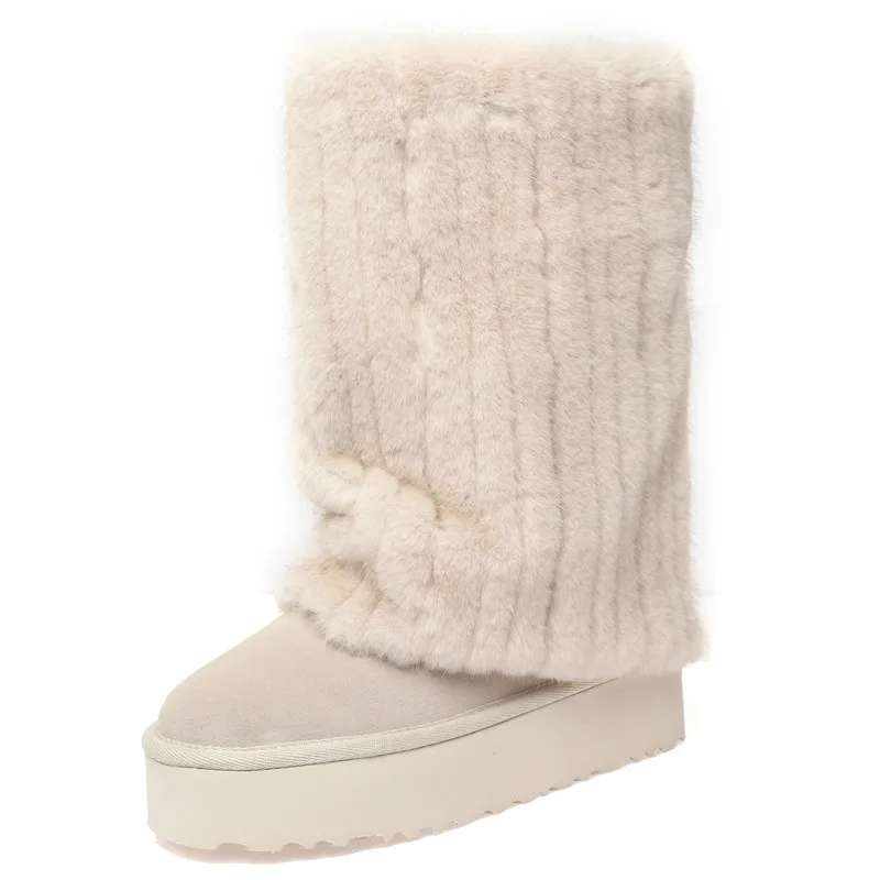 Sexy Fashion Elegant Women's Snow Boots With Round Toe Sloping Heels And Thick Soles For Winter Comfort Woolen Fleece Warm Boots