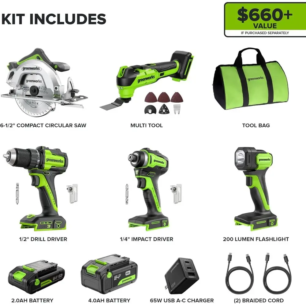 Bateria combinada 24V (5-TOOL) (broca + driver de impacto + serra circular + multiferramenta + lanterna), 4,0Ah + 2,0Ah (24,000mAh Power Bank)