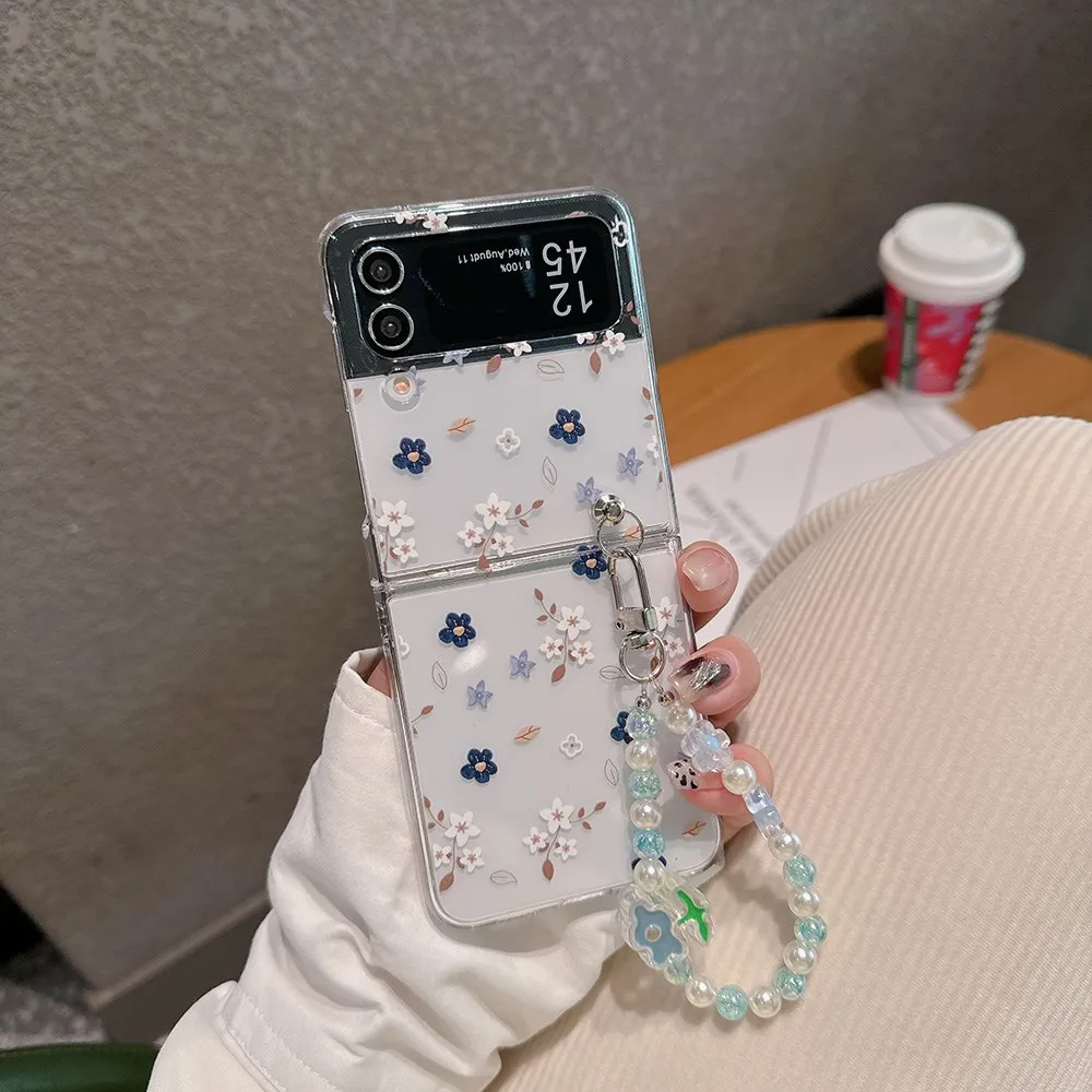 For Samsung Galaxy Z Flip 3 4 5 Case Floral Transparent Folding with Bracelet Shockproof Protection Hard Back Cover Accessorie