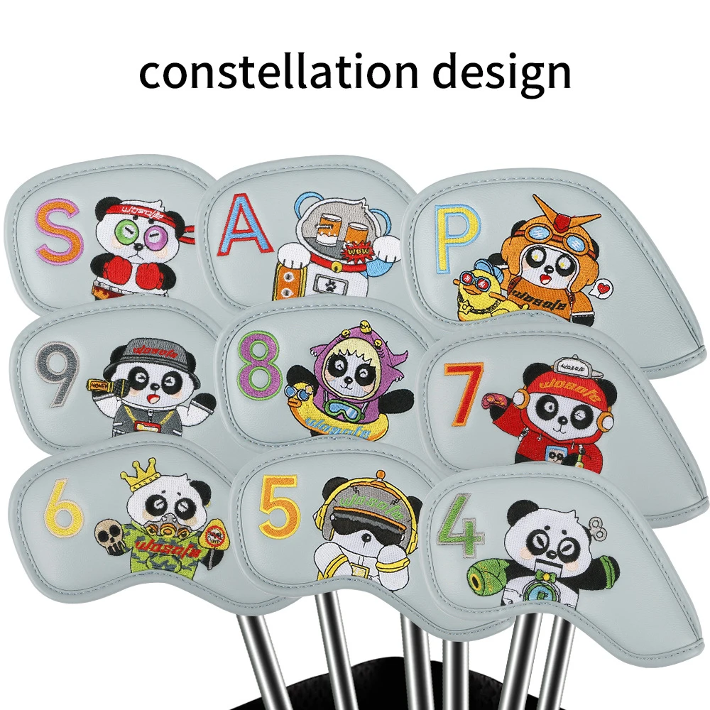 9 pcs Golf Cartoon High Grade PU Club Protective Sleeve Double Sided Panda Embroidery Pattern Outdoor Sporting Accessories