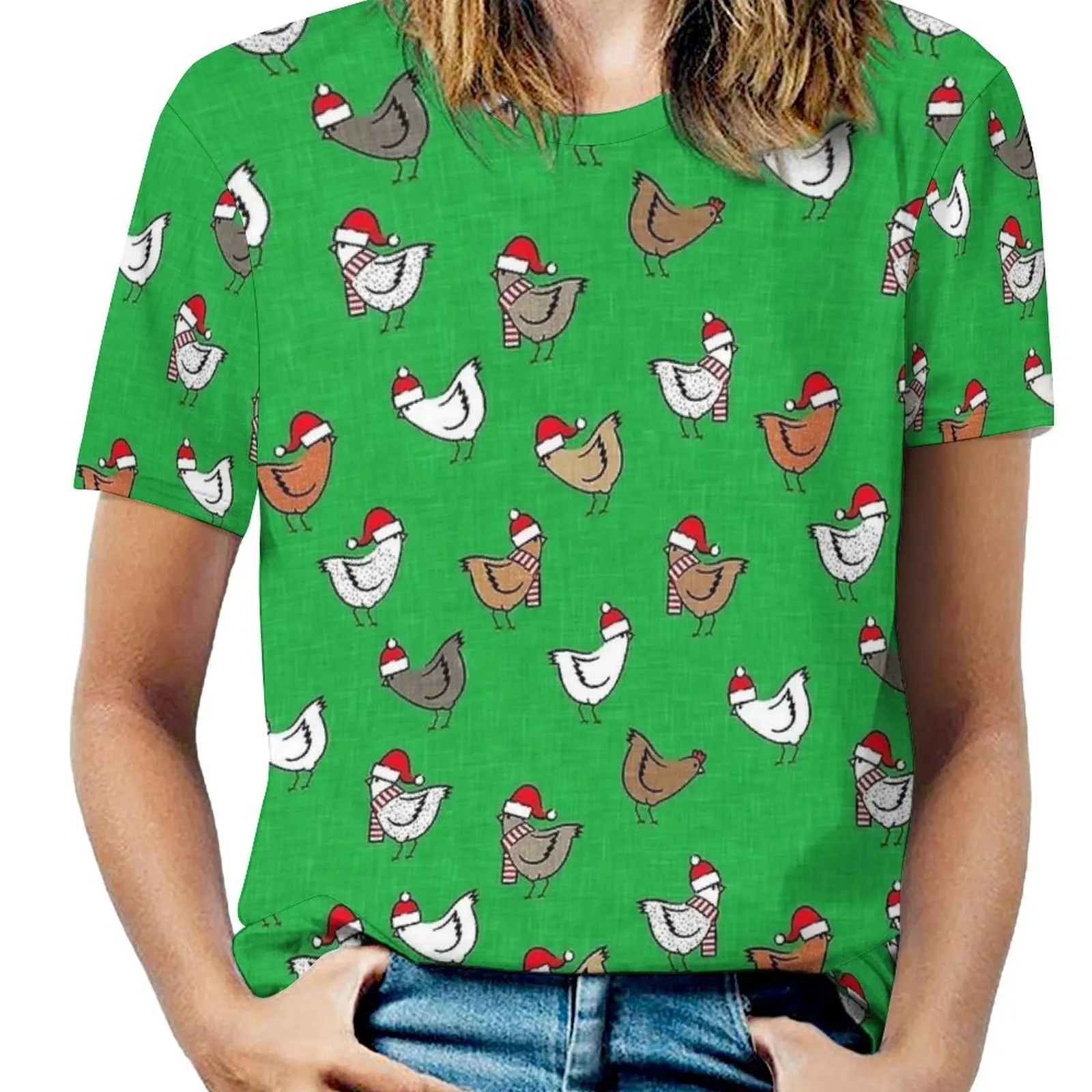 Christmas Chickens T Shirt O Neck  Oversize T-Shirts Short Sleeve Casual Tees Ladies Summer Elegant Printed Clothes