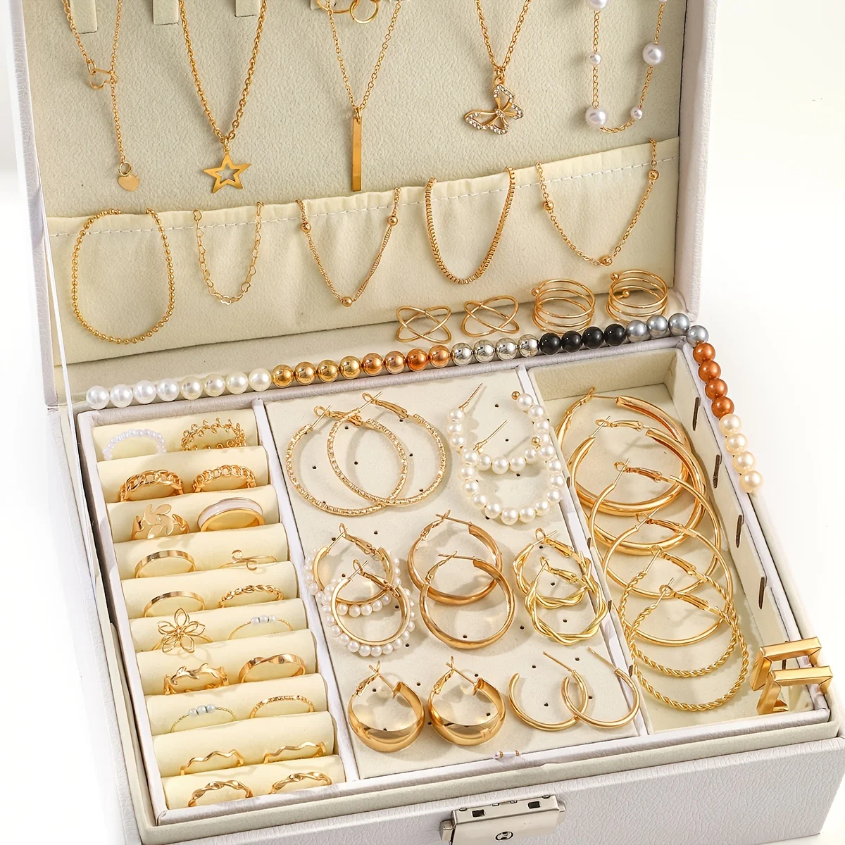 92Pcs Women's Fashion Jewelry Set Contain Hoop Earrings、Stud Earrings、Bracelet、Necklace and Ring，Versatile Daily Jewelry