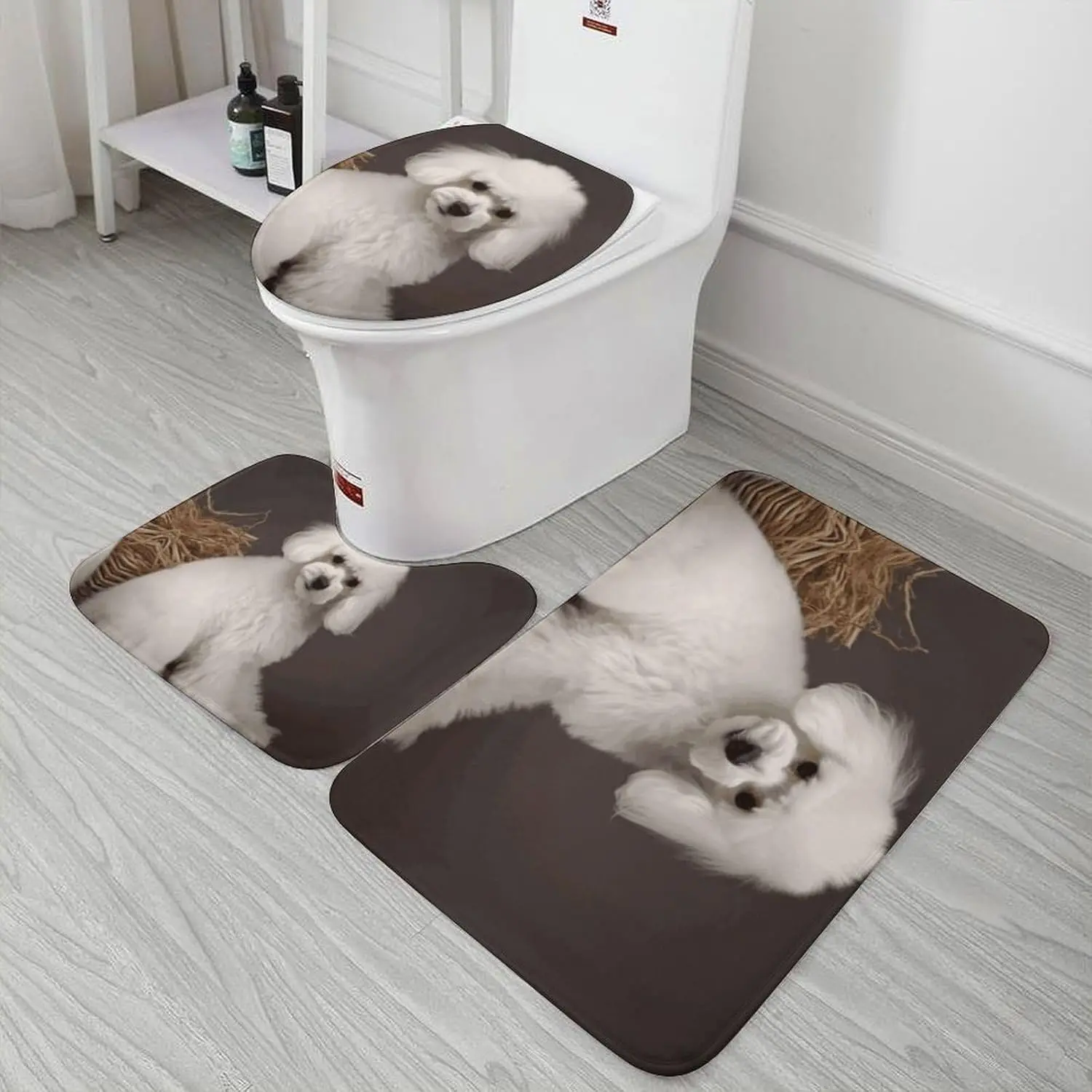 3 Piece Bath Rug Set Non Slip Absorbent Bath Mat Contour Mat with Toilet Lid Cover French Poodle Soft Floor Mats for Bathroom