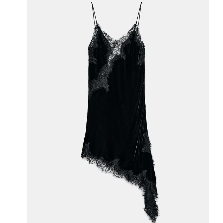 Luksusowa damska sukienka z aksamitu, patchworkowa, na ramiączkach spaghetti, z dekoltem w serek, odkrytymi plecami, koronkowym wykończeniem i rozcięciem, sukienka midi, odzież klubowa.