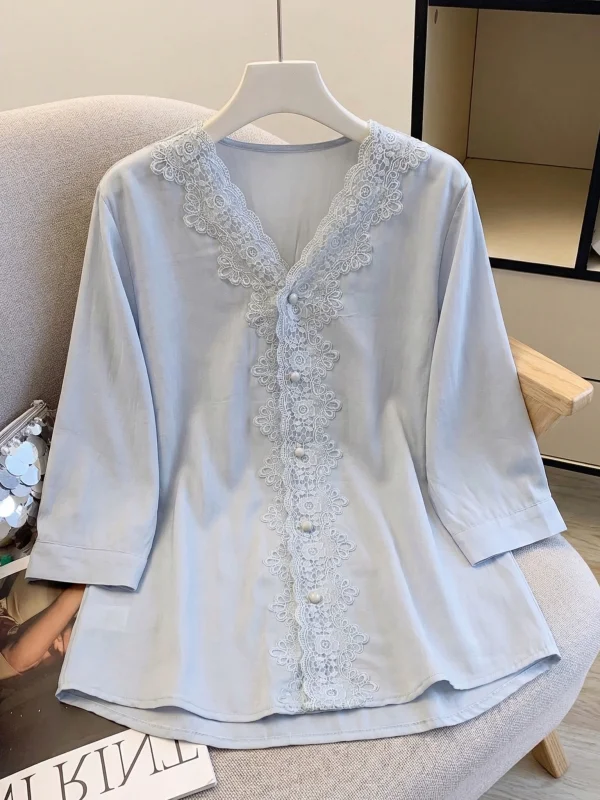 

Light Blue Lace Trim V-Neck Short Sleeve Shirt Women's Summer New Style plus Size Fat MM Belly Cover Anti-Aging Top