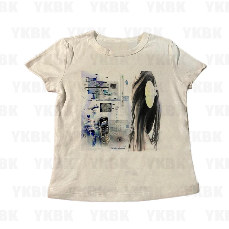 Vintage Crop Top Punk Damen Anime Print Baby T-Shirt Mode 2000er Jahre Top Y2k Stil Streetwear Kurzarm Niedlich Emo Mädchen Ästhetik
