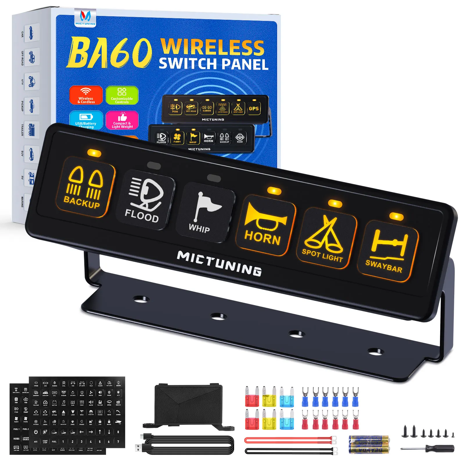 MICTUNING Wireless 6 Gang Switch Panel, with 2 Light Memory Function, 80A Circuit Control Relay Switch Box for 12V Truck SUV UTV