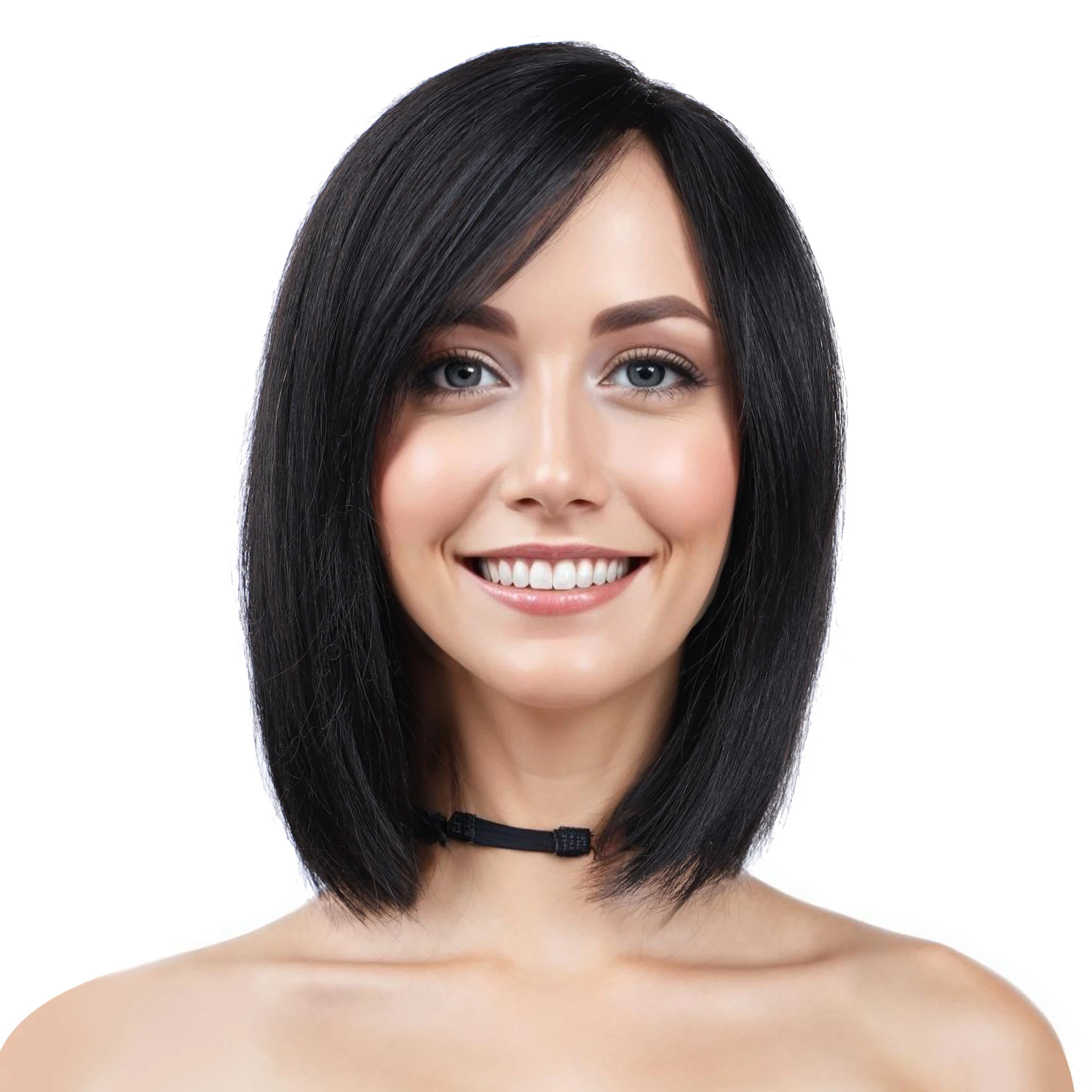 UNA Long Brown Pixie Cut Wig Blend Human Hair Lace Frontal Wigs with Side Bangs Natural Hairline straight BOBO wigs