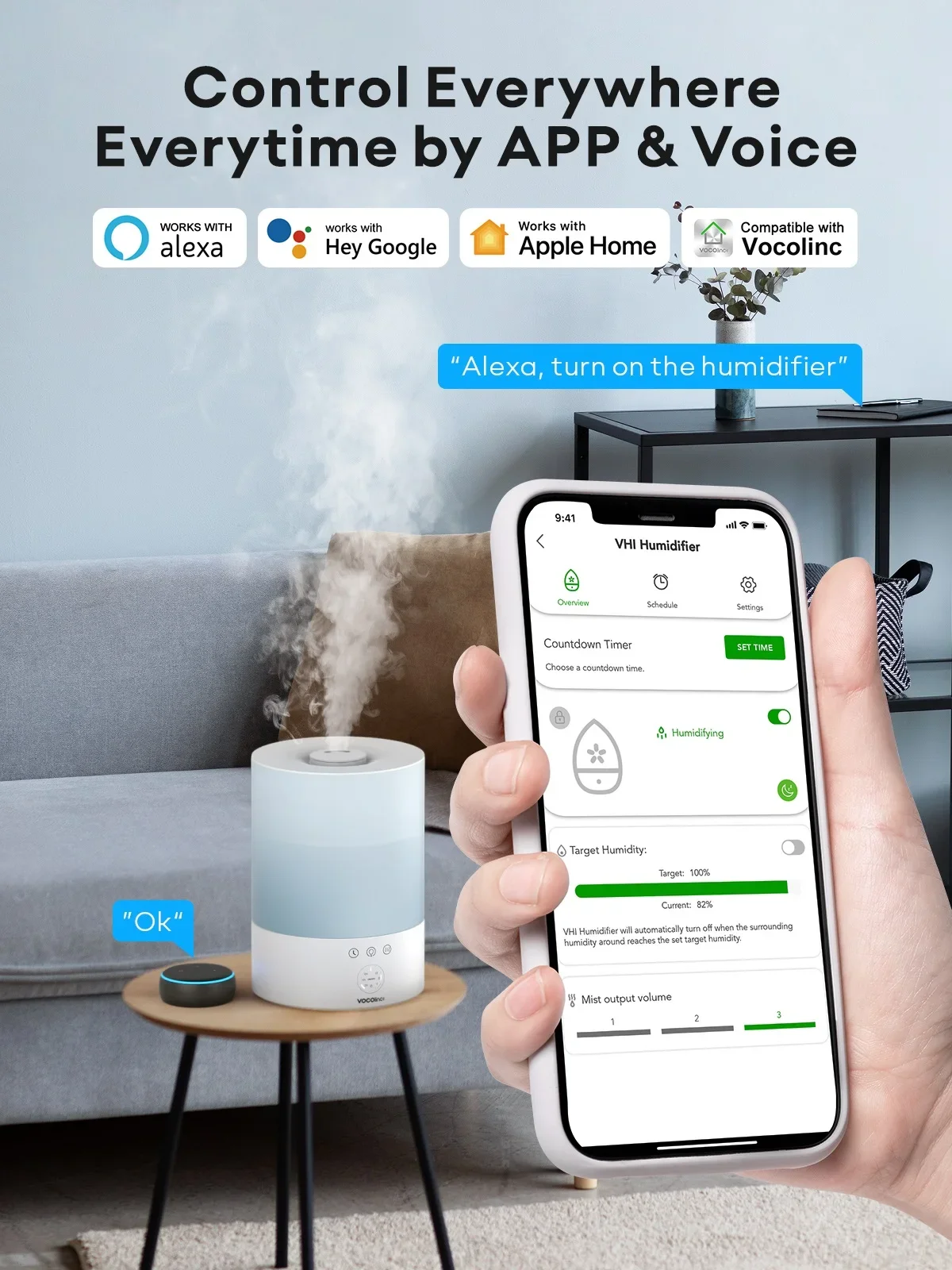 VOCOlinc مرطب الهواء المحمول المتقدم Alexa Google HomeKit Wi-Fi التحكم بسعر الجملة قابلة لإعادة الاستخدام تصميم أنيق لغرفة النوم