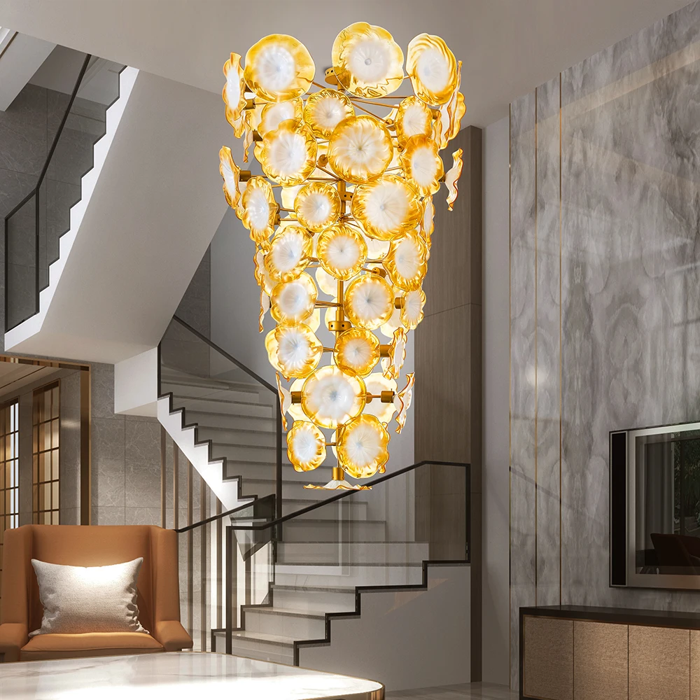 Luxury Large Gold Flower Chandelier for Staircase Murano Glass Plates for Villa Loft Chandeliers Lighting Fixtures