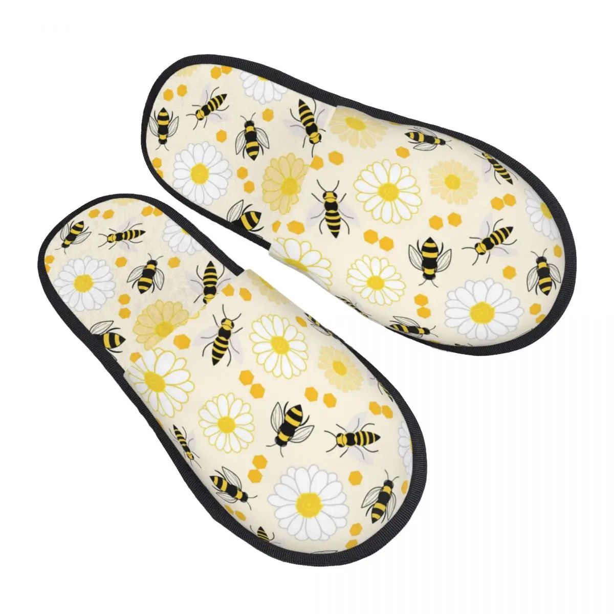 Custom Black Honey Bees Flowers Memory Foam Slippers Women Comfy Warm House Slippers