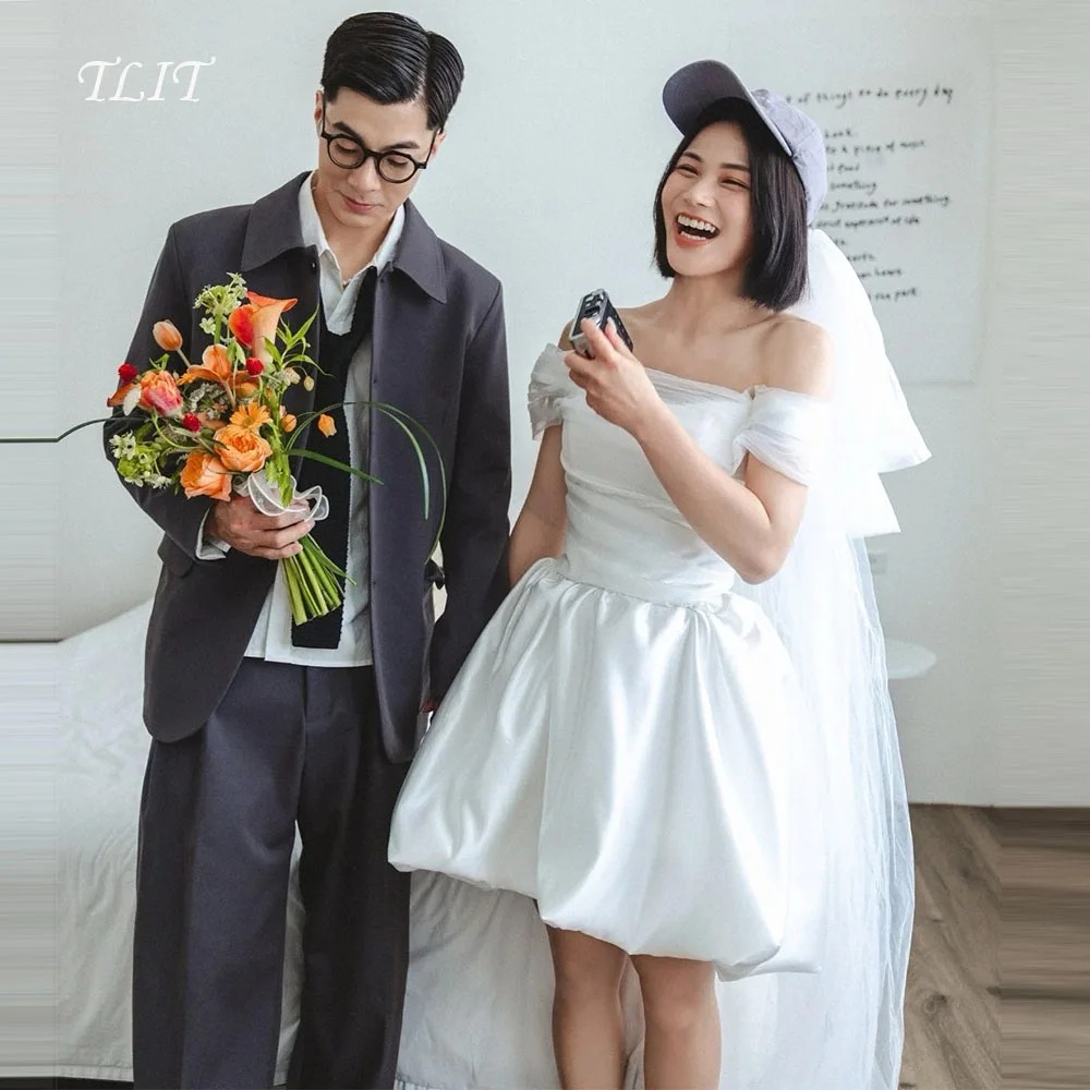 

TLIT простое белое короткое свадебное платье трапециевидной формы без бретелек, платья для выпускного вечера, корейское свадебное платье, фотосессия, индивидуальное платье с открытыми плечами