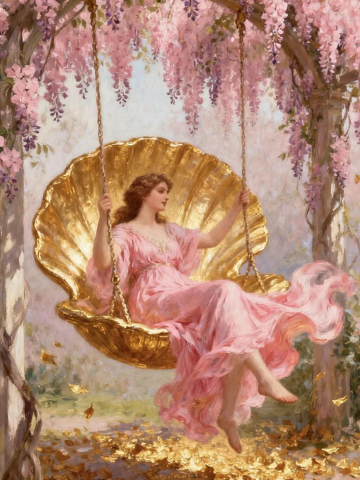 Kit de Pintura de Diamantes 5D Wisteria Girl on Golden Shell Swing - Arte de Jardín de Fantasía con Vestido Rosa, Decoración de Pared DIY