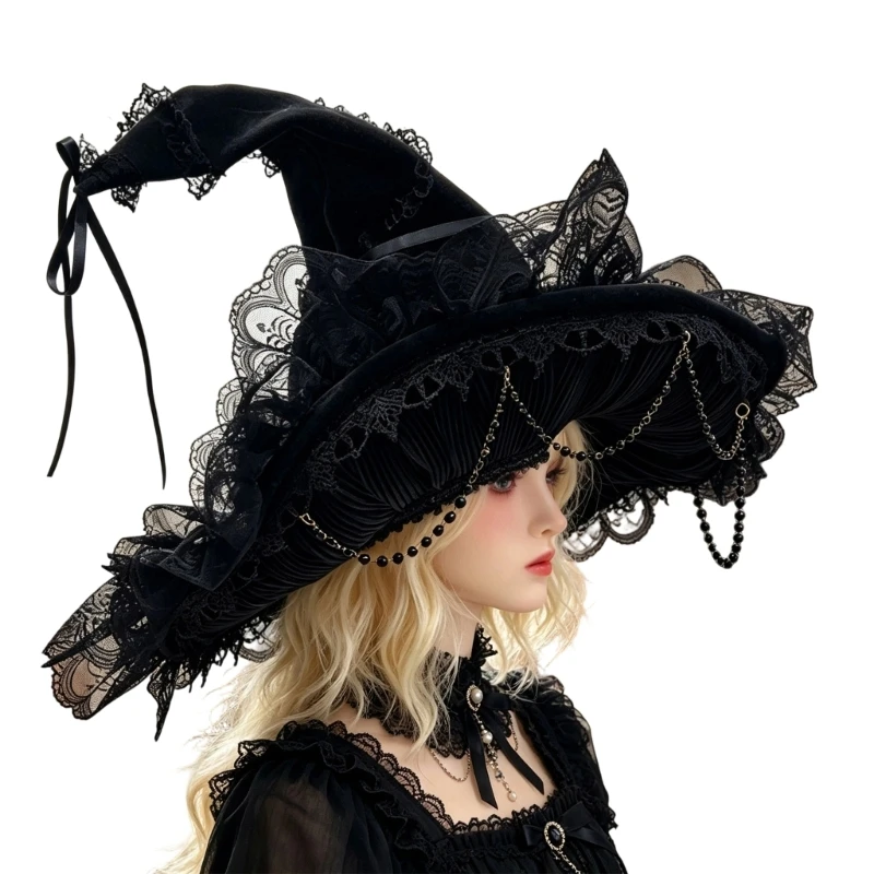 Role Play Witch Hat for Adult Women Halloween Pointed Costume Headpiece Lightweight Polyester for Party Photos D0UB