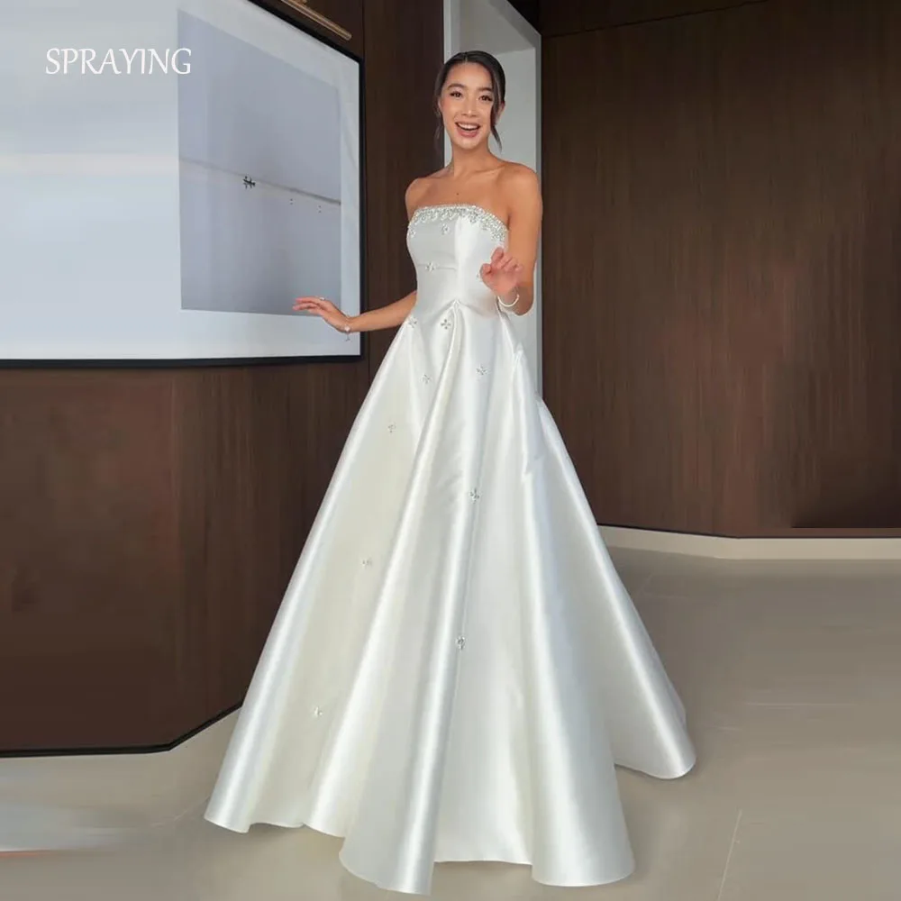 SPRAYING White Satin Wedding Dresses Luxury Strapless Sparkly Crystal Bridal Gowns A-line Long Engagement Party Customized 2026