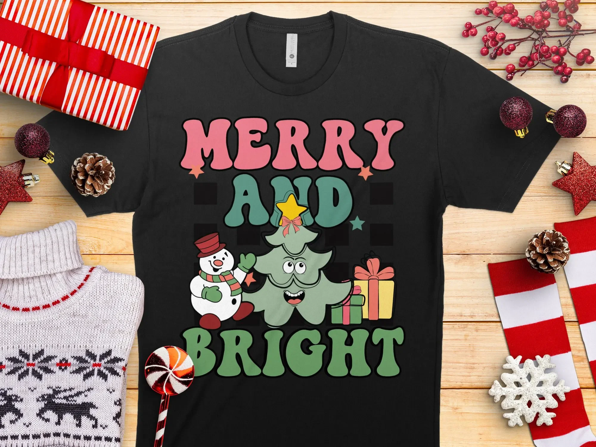 

Merry Bright Tree Retro Vintage Print T Shirt Winter Wonderland Secret Santa Christmas Holiday Present For Her
