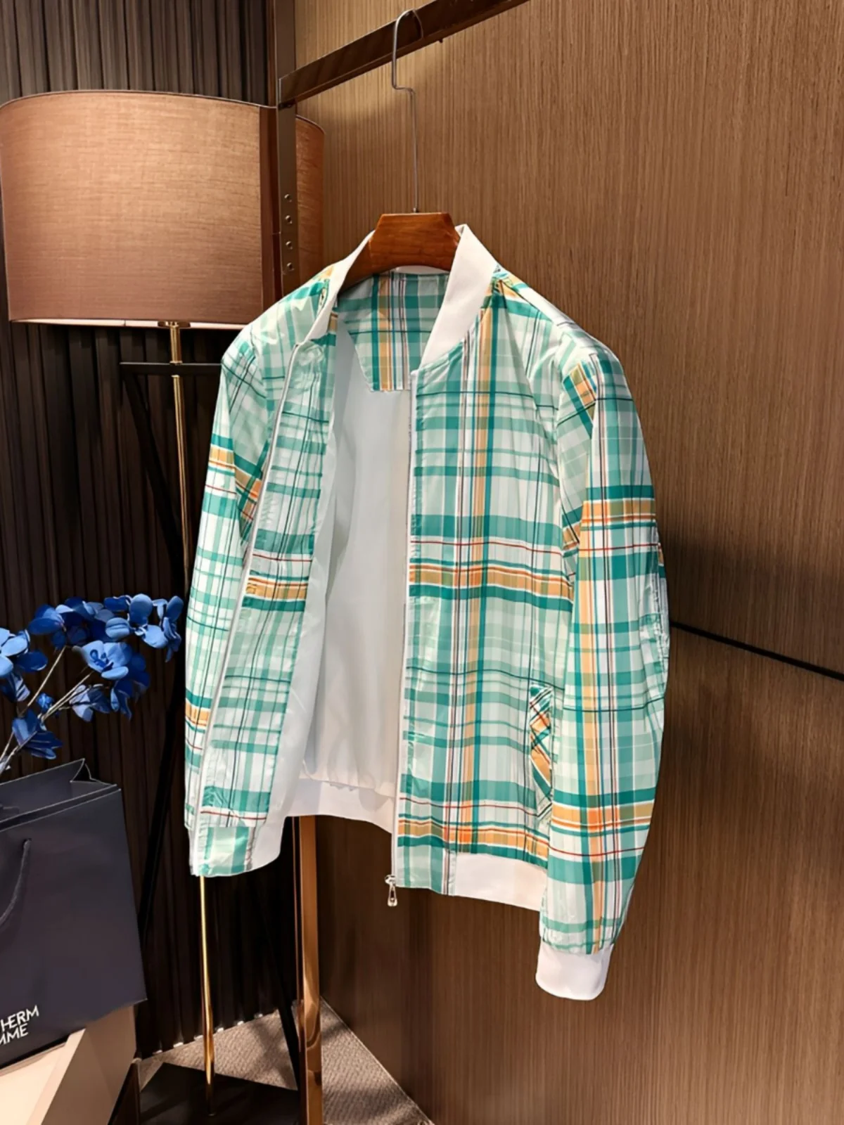 

adient Plaid 25S осенний новый мужской высококачественный повседневный бейсбольный воротник Jaet Faionable Ciscape полиэстер/нейлон Cosite Fiber