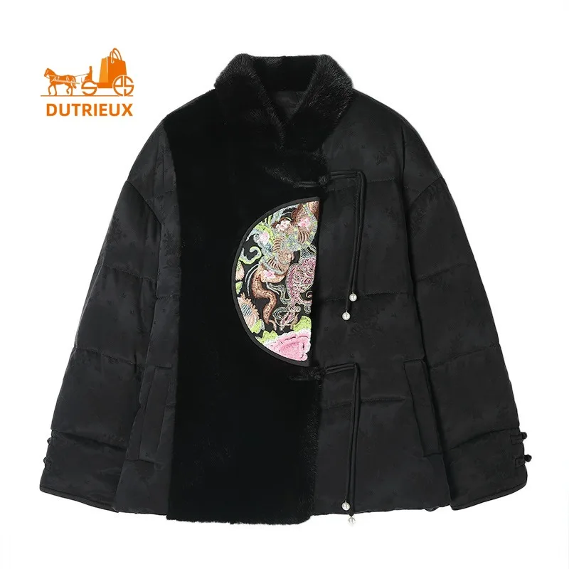 Winter New Down Jacket Mink Fur Coat for Women, Real Fur Goose Down Satin Embroidery Half Turtleneck Coat, Black Warm Jacket