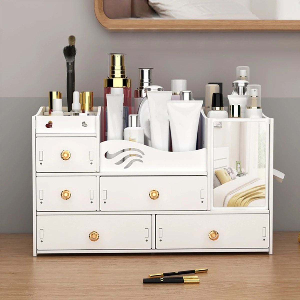 Desktop Makeup Organizer with Mirror, Multi-Drawer Cosmetic Storage Box with Tissue Slot for Vanity Dresser