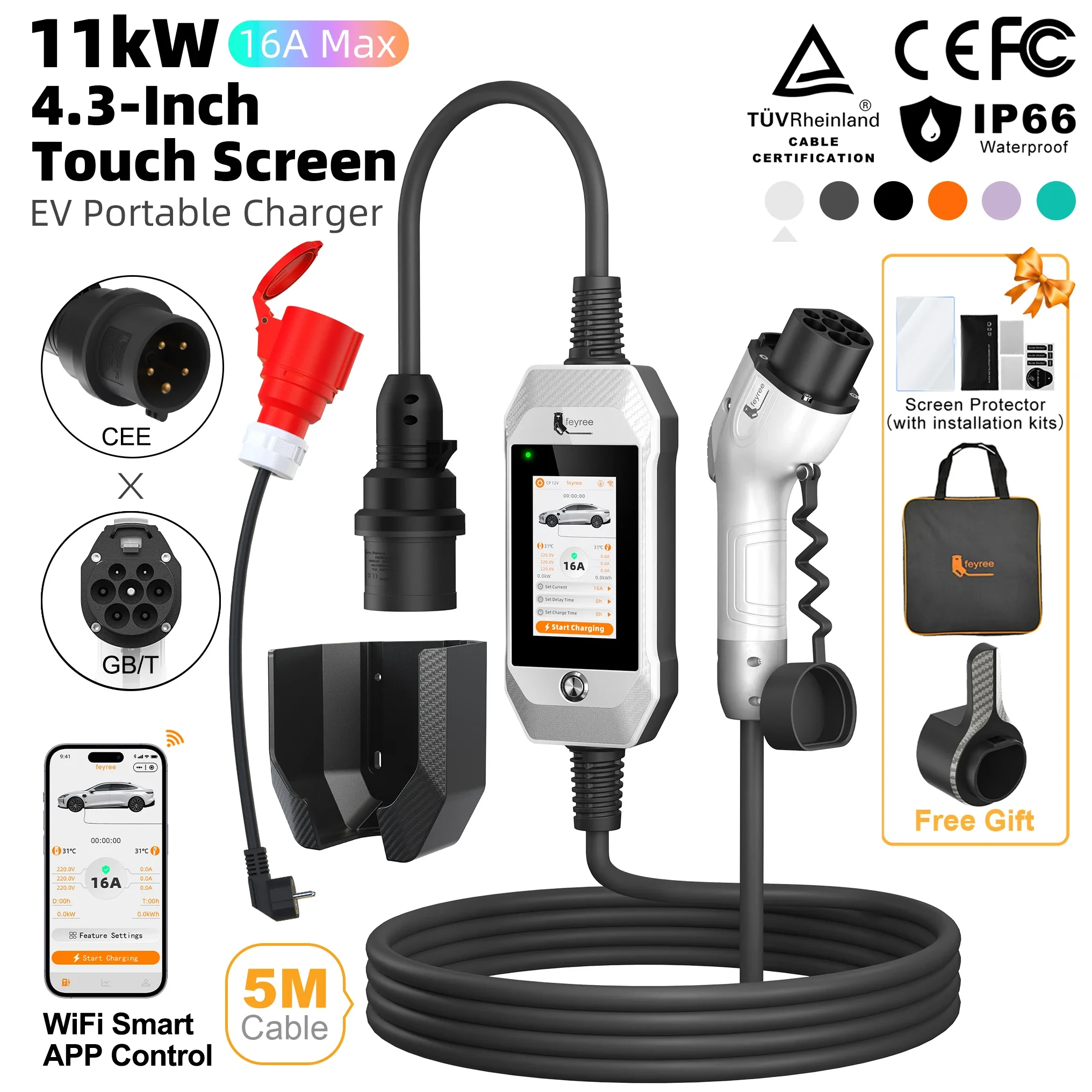 Feyree GB/T Socket 11kW 16AEV Charger 3P 4.3inch Touch Screen Smart WIFI APP Control Portable Charging Box with 6 Colors Option