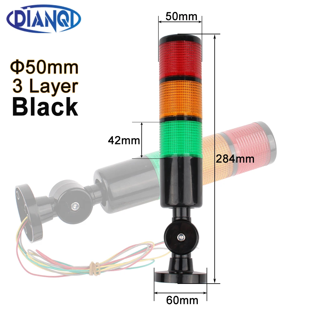

Черный вращающийся светильник на 180 стеков, 3-слойный красный, янтарно-зеленый светодиодный сигнальный светильник, промышленный для станков с ЧПУ, 24 В постоянного тока, 220 В переменного тока, 50 мм