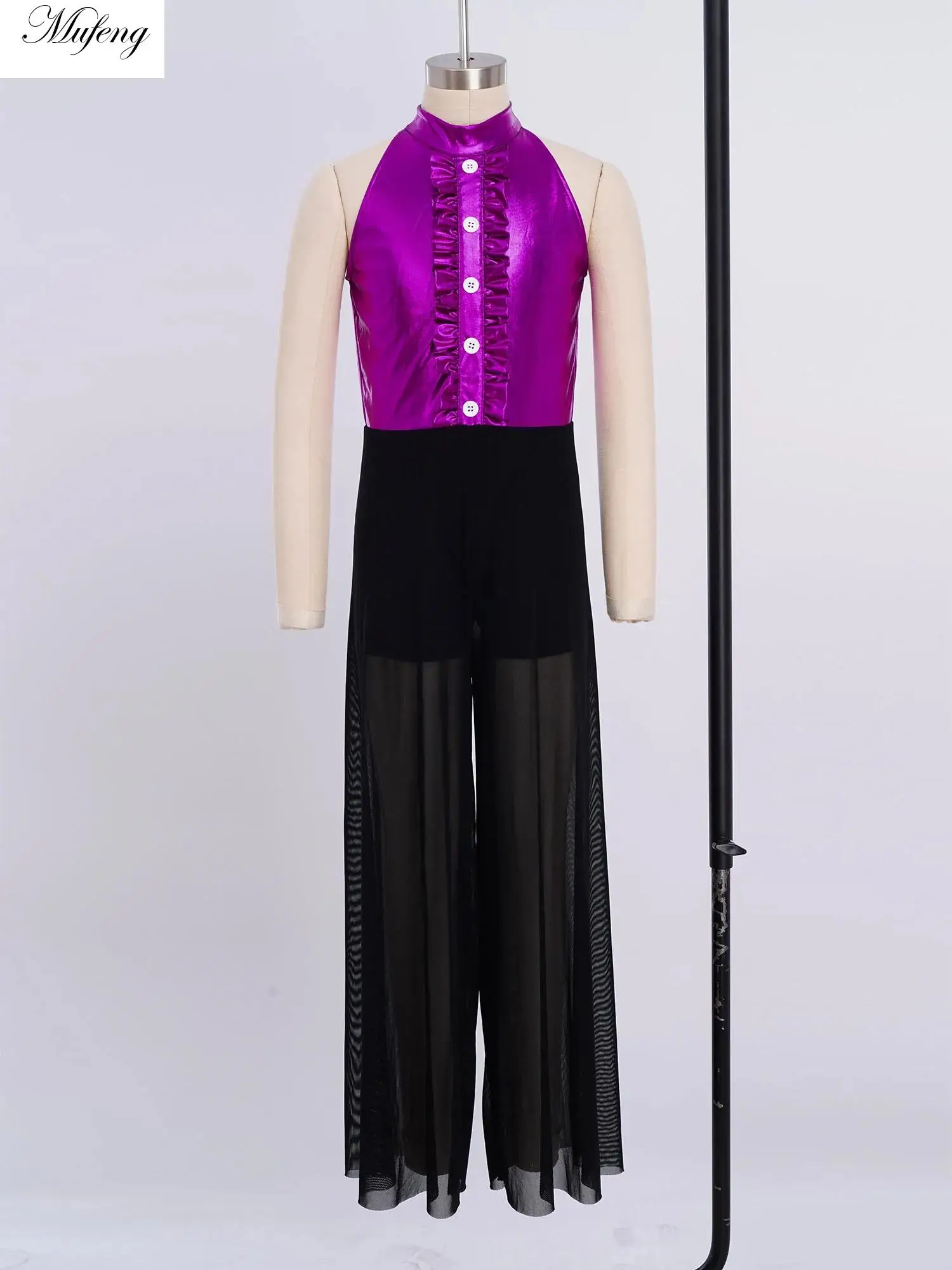 

Детский комбинезон для джазовых танцев для девочек, без рукавов, на молнии, с рюшами, металлическим лифом, сетчатыми вставками, широкими штанинами, для латиноамериканских, лирических и бальных танцев