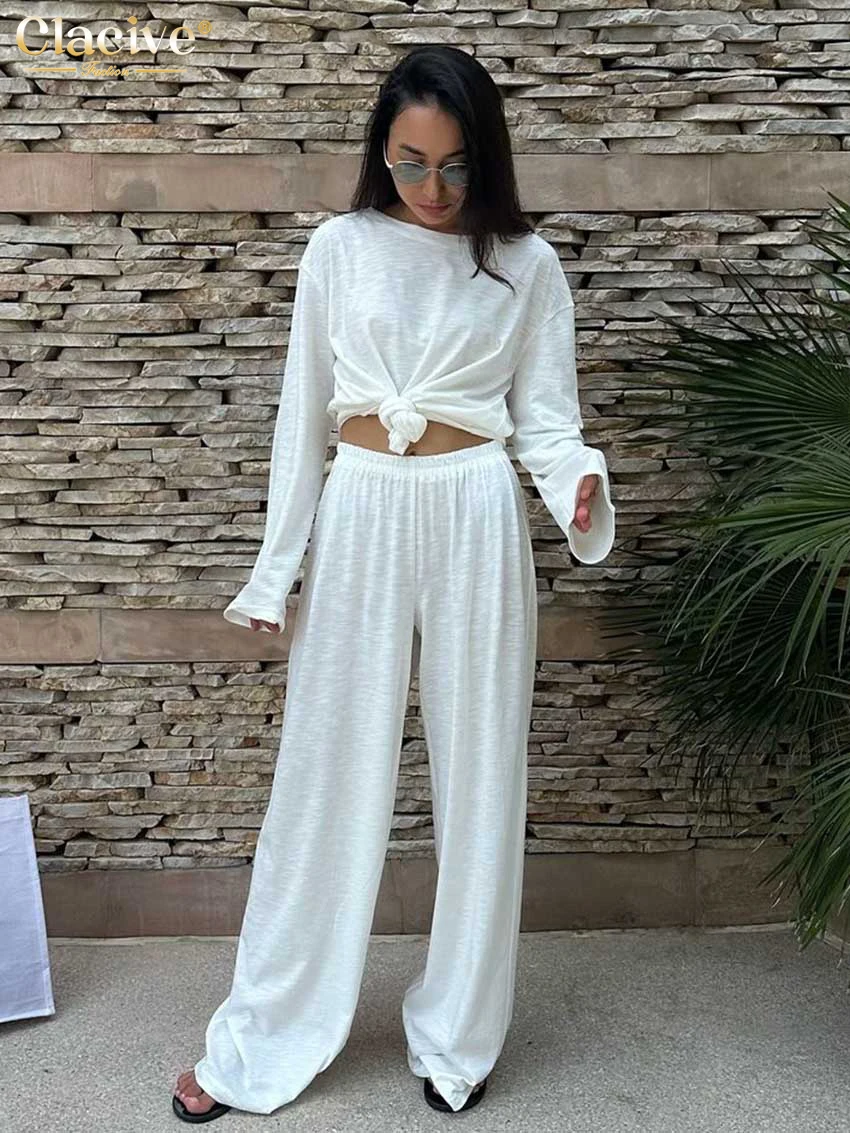 

Clacive Casual Loose White Women Two Pieces Set 2025 Elegant Long Sleeve Shirt With High Waist Wide Pants Set Female Streetwear