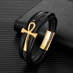 MKENDN Simple Classic Cross Egyptian Ankh Life Symbol Antique Multilayer Leather Bracelet Men 316L Magnetic Clasp Wrap Bangle