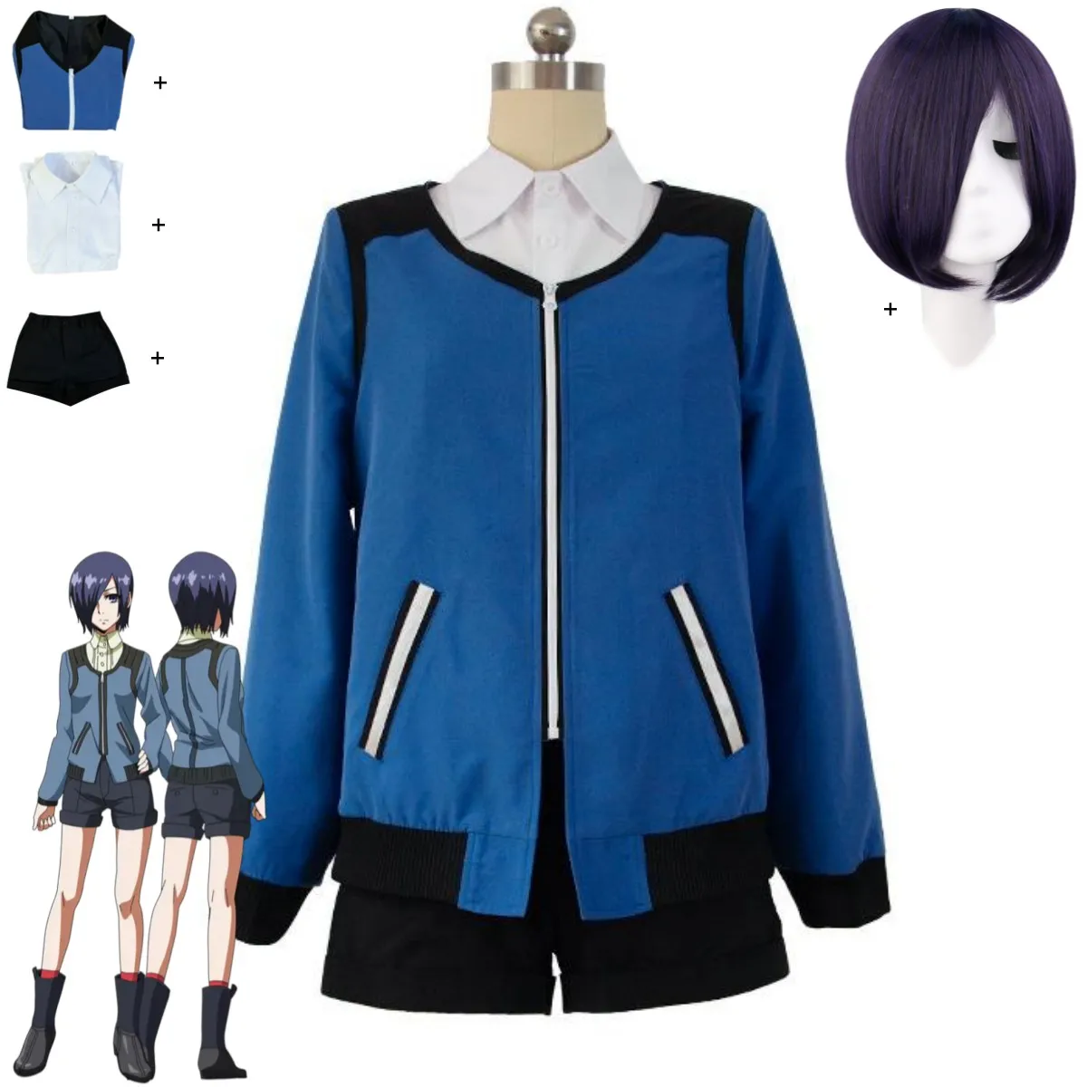 Disfraz de Anime Tokyo Ghoul Touka Kirishima, disfraz de Cosplay azul de manga larga con capucha, abrigo, camisa, peluca, traje de Carnaval Sexy para hombre y mujer adulto