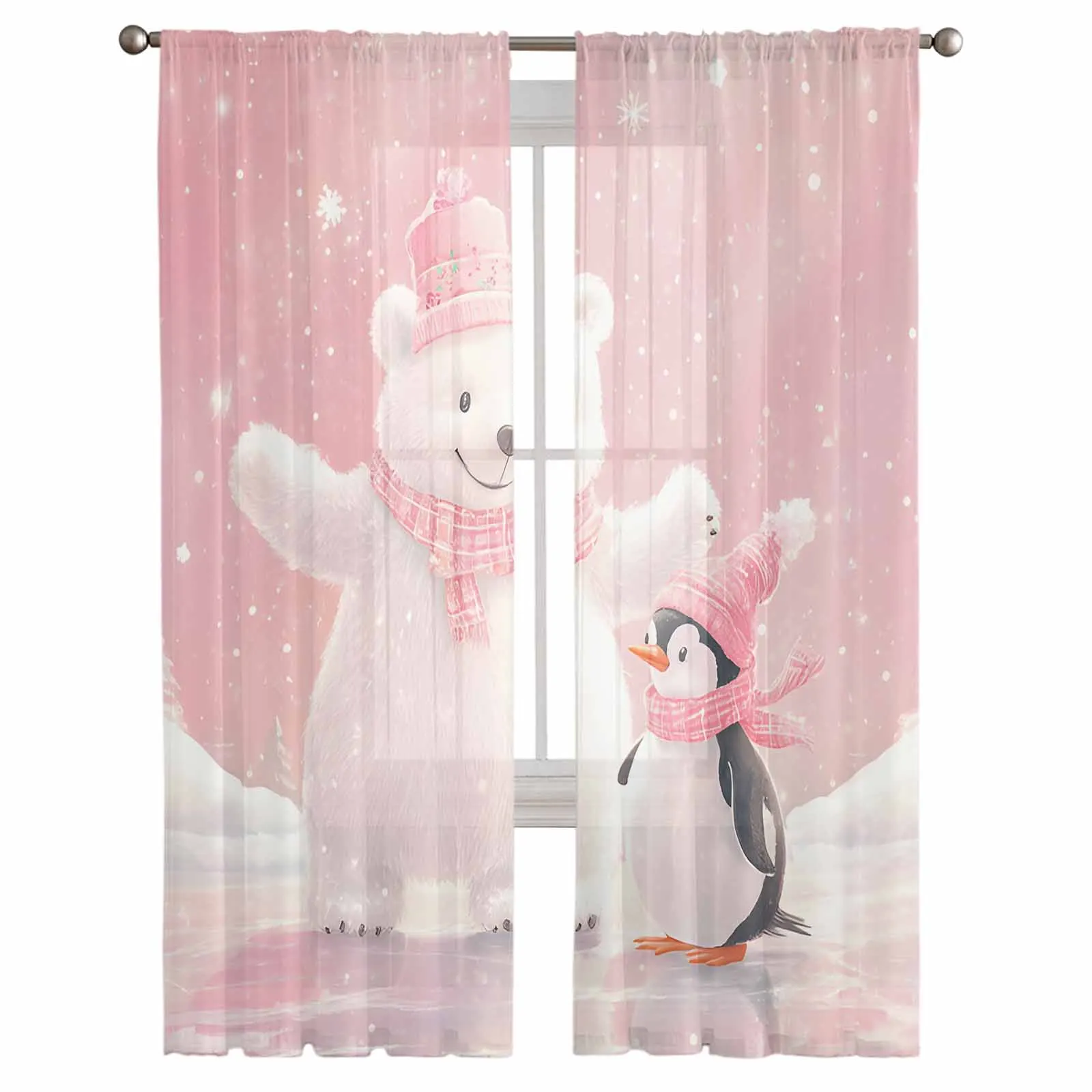 Christmas Pink Bears And Penguins Curtains Decorations For Home Window Tulle Curtains For Living Room Bedroom