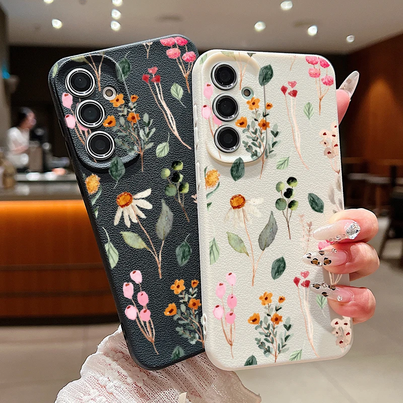 Colorful Plants Leather Texture TPU Case For Samsung Galaxy S23 S24 FE S25 S22 Ultra A16 A55 A15 A54 A35 A25 A56 5G Phone Cover