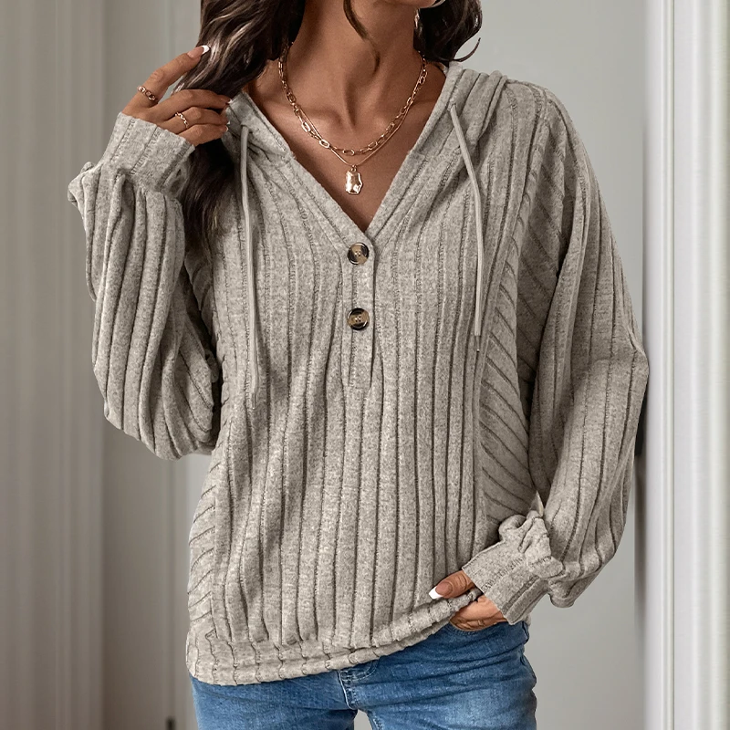 

Europe and the United States autumn new solid color all texture sense pullover hoodie daily casual hooded V-neck women's blouse