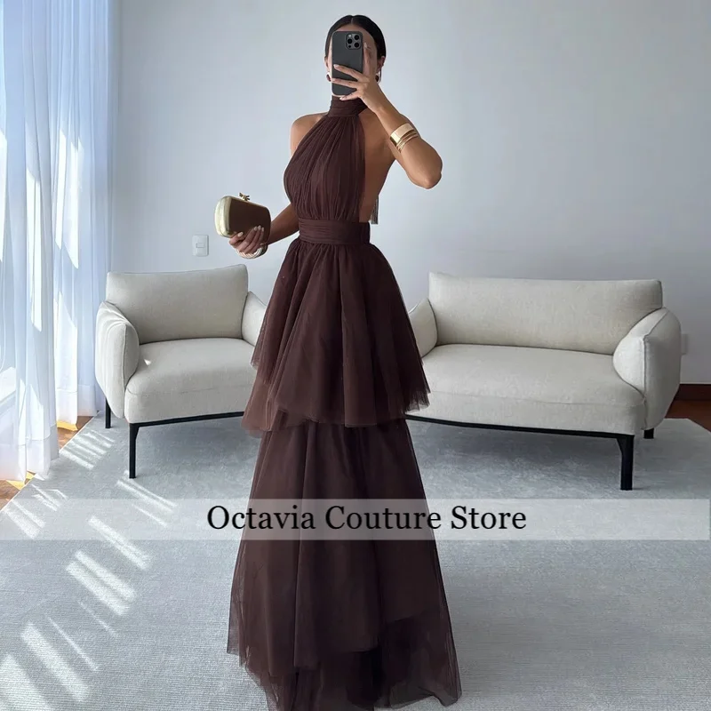 Brown Tulle Long Prom Dresses Customized Halter Tiered Layers Formal Party Evening Gowns Sexy Backless Special Dress