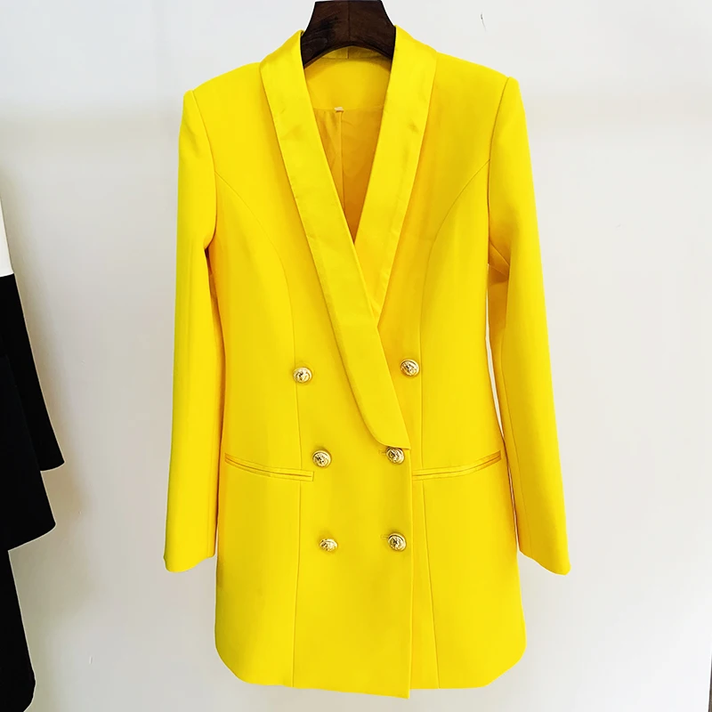 

2023 HIGH QUALITY Newest Designer Long Blazer Lion Buttons Double Breasted Satin Shawl Collar Blazer Dress Fluorescent Yellow