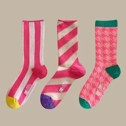 Fashion Rose Red Ladies Combed Cotton Sock Winter and Autumn INS Popular Women Striped Socks Breathable Deodorant Antibacterial
